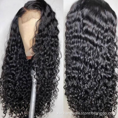Uniky Natural Black Color Cuticle Aligned Unprocessed Virgin Human Hair Deep Wave Lace Frontal Wig